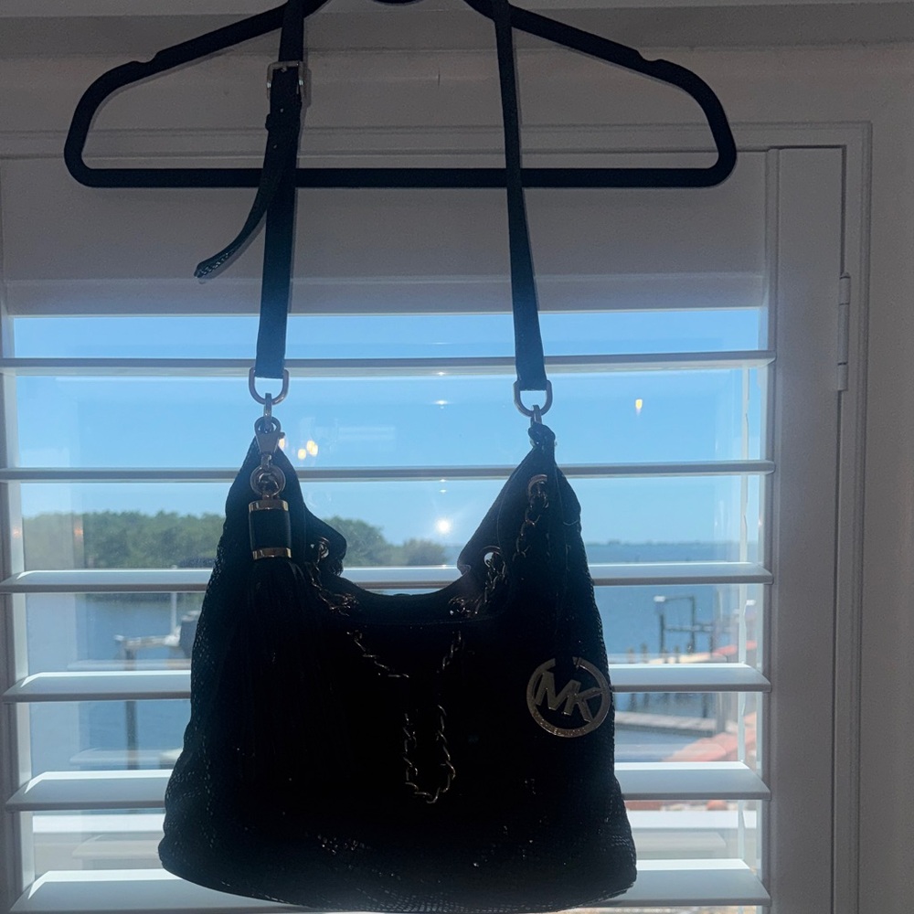 Michael Kors Black Snakeskin Shoulder Bag with Chain and Logo Charm
